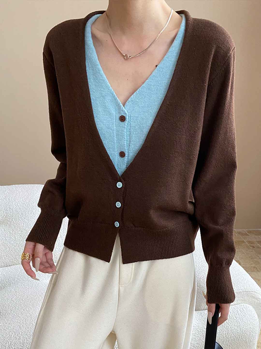 Gianna Classic V-Neck Contrast Mock Two-Piece Knitted Top