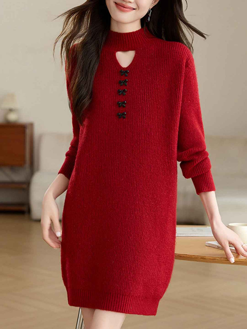 Bella Retro Turtleneck Solid Color Knitted Sweater Dress