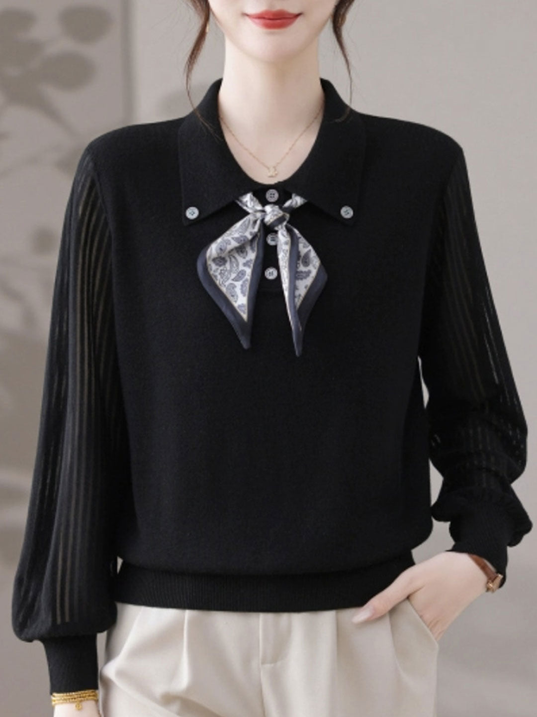 Jasmine Classic Lapel Scarf Pullover Knitted Top