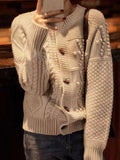 Bailey Loose Crew Neck Horn Button Cable Knitted Cardigan