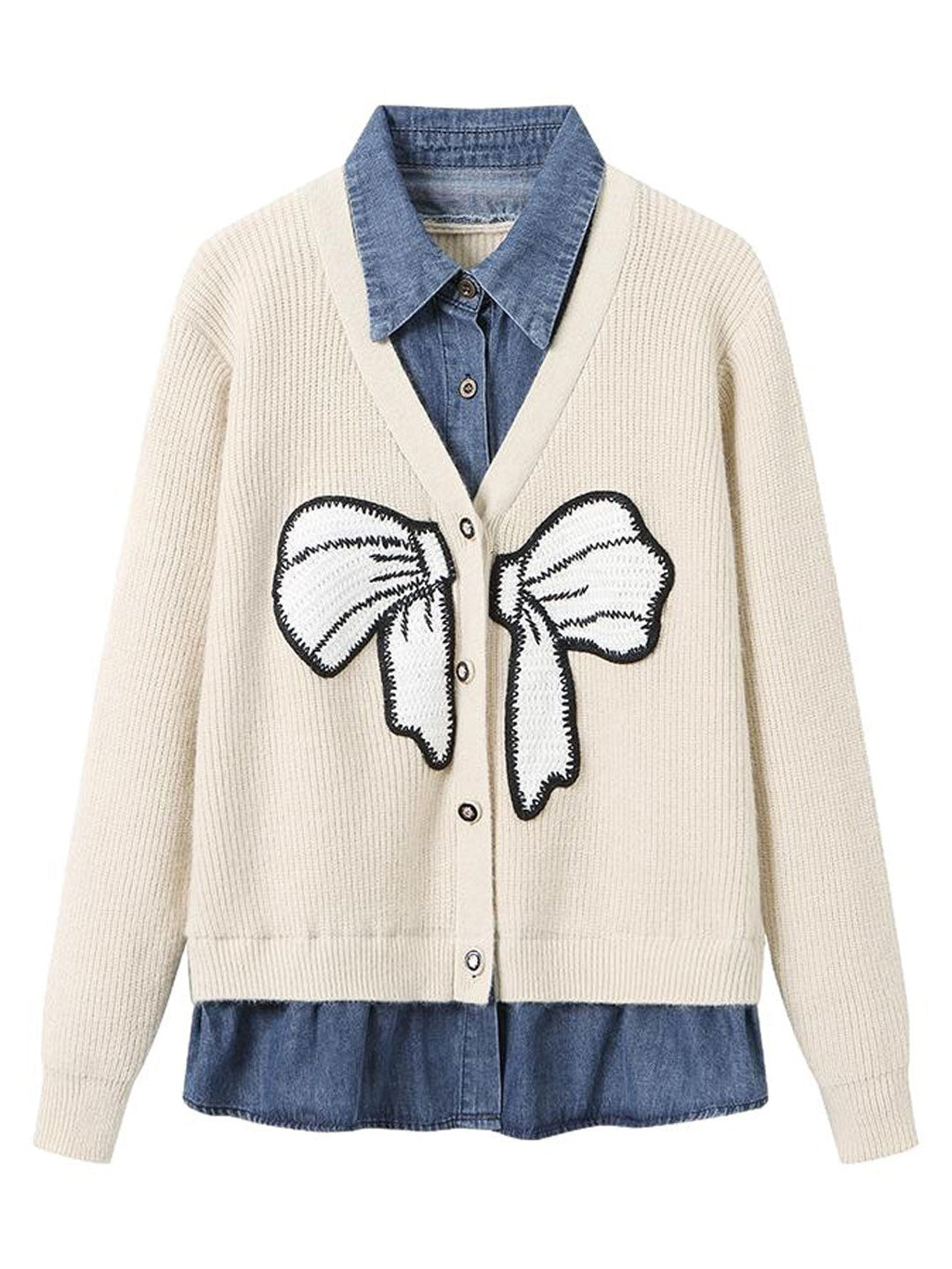 Freda Loose Denim Patchwork Mock Two-Piece Knitted Cardigan