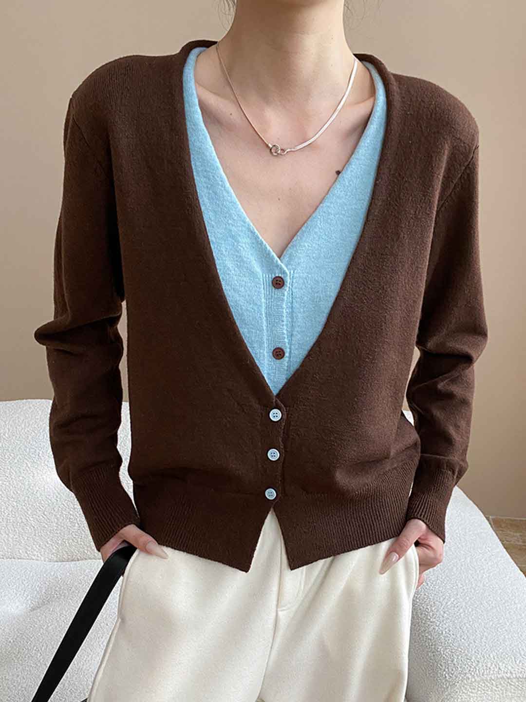 Gianna Classic V-Neck Contrast Mock Two-Piece Knitted Top