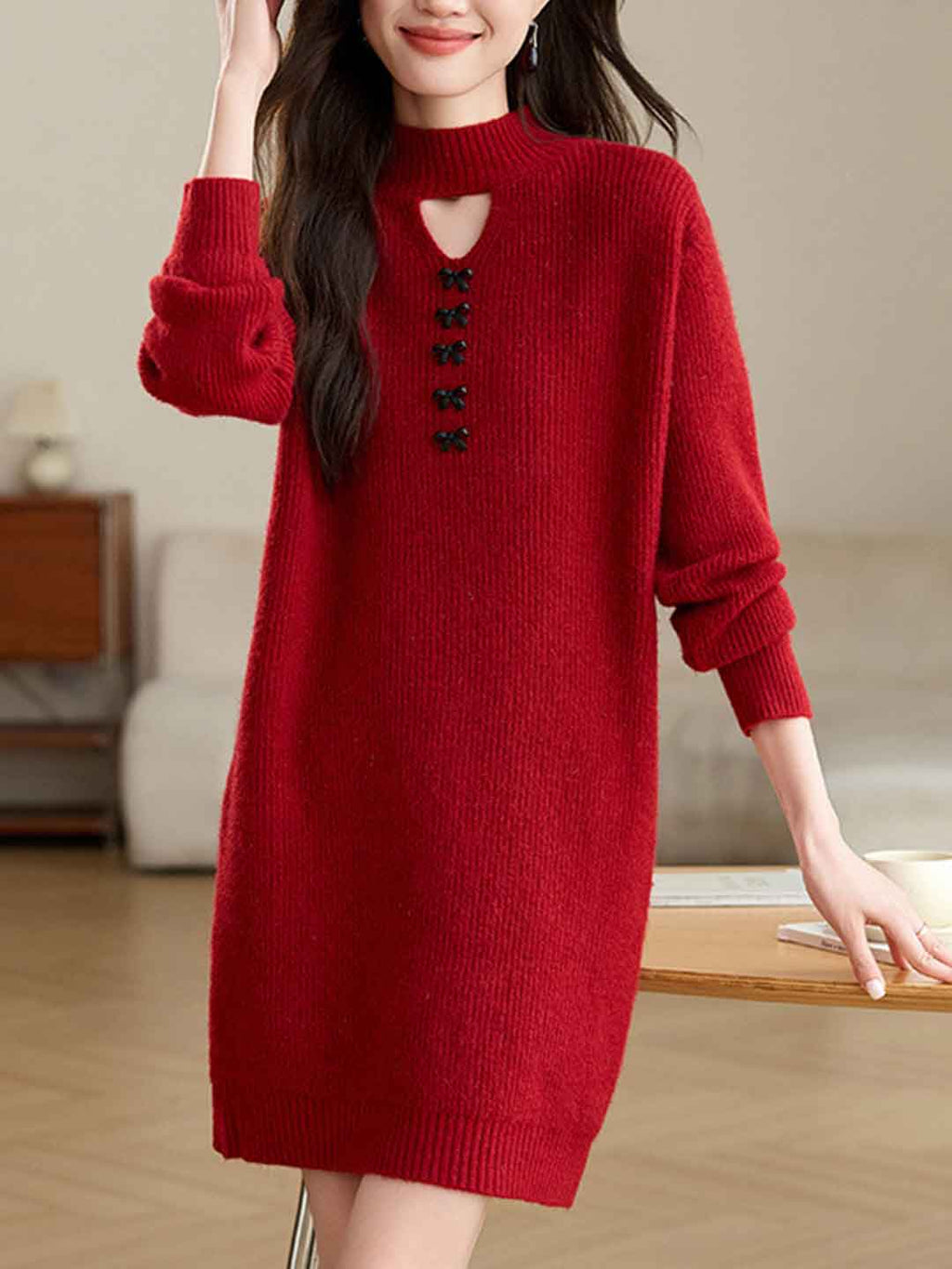 Bella Retro Turtleneck Solid Color Knitted Sweater Dress
