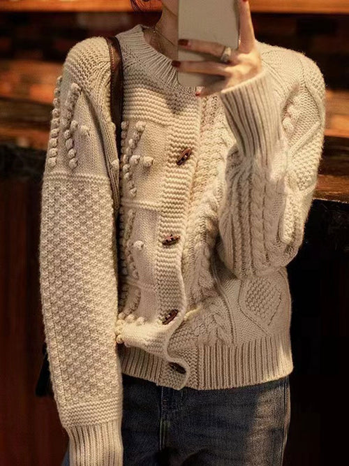 Bailey Loose Crew Neck Horn Button Cable Knitted Cardigan