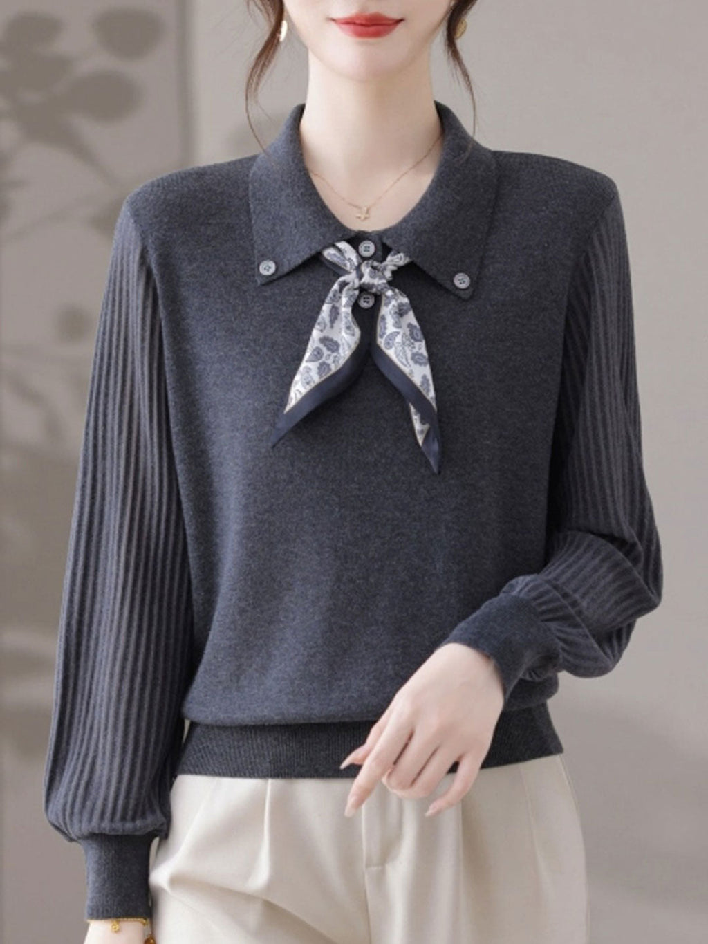 Jasmine Classic Lapel Scarf Pullover Knitted Top