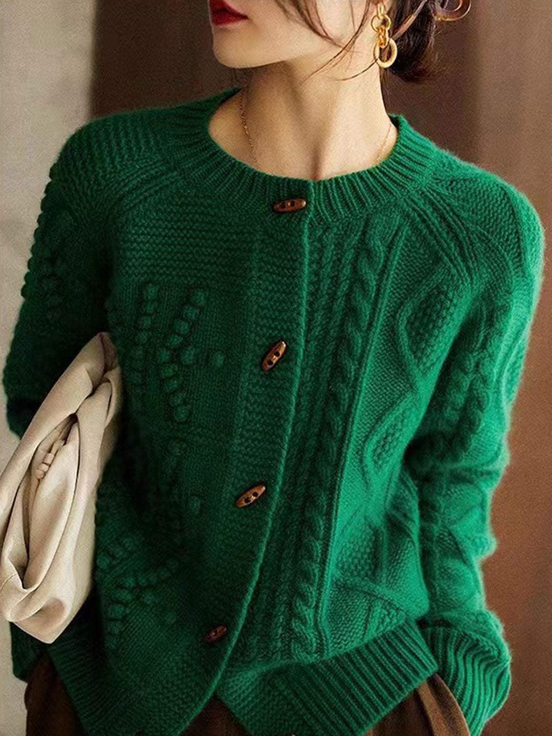 Bailey Loose Crew Neck Horn Button Cable Knitted Cardigan