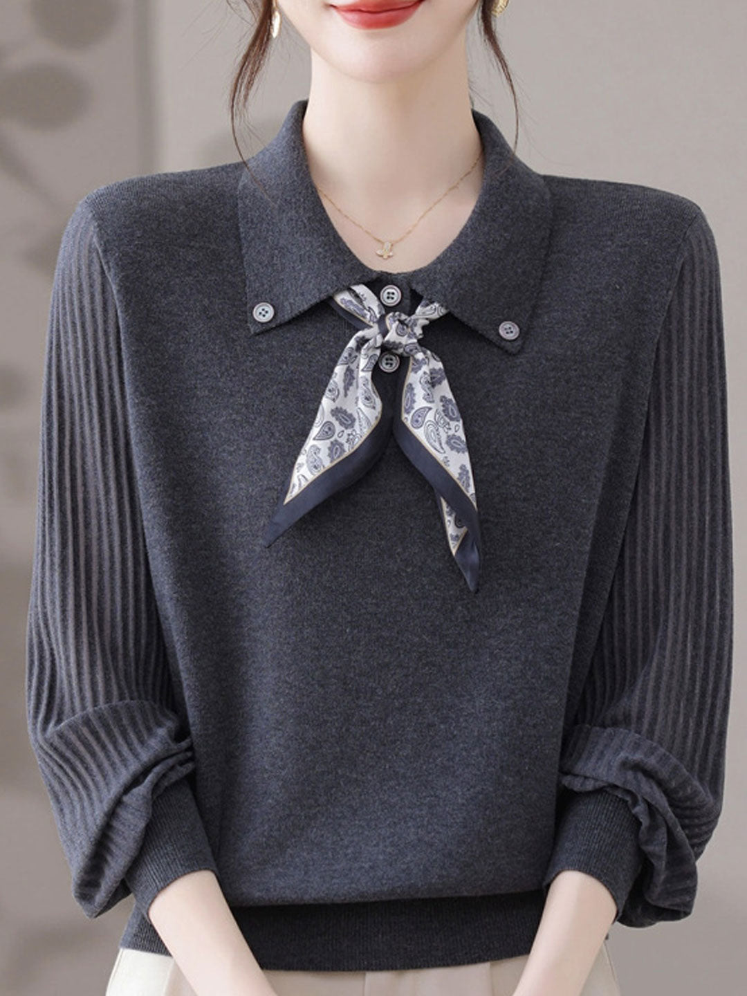 Jasmine Classic Lapel Scarf Pullover Knitted Top