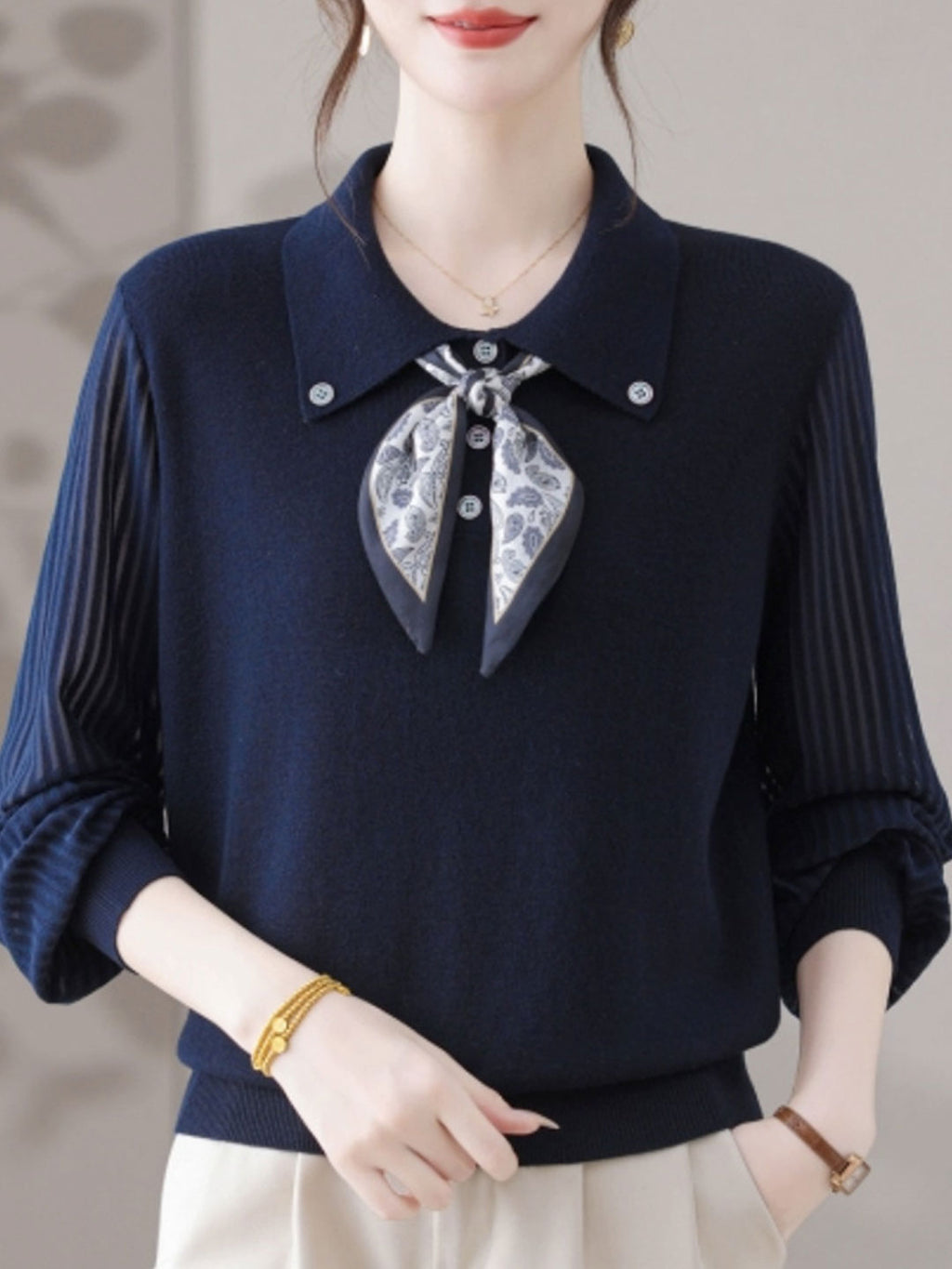 Jasmine Classic Lapel Scarf Pullover Knitted Top