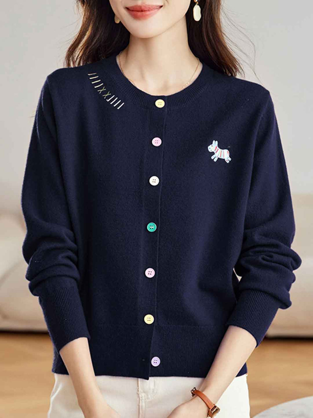 Camila Loose Crew Neck Embroidered Colorful Buttons Knitted Cardigan-Navy Blue