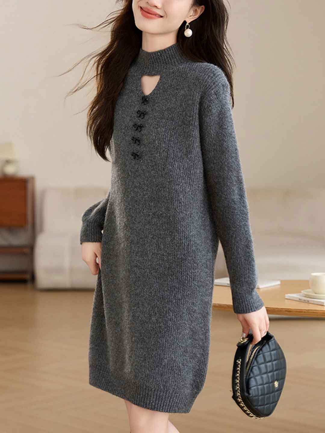 Bella Retro Turtleneck Solid Color Knitted Sweater Dress