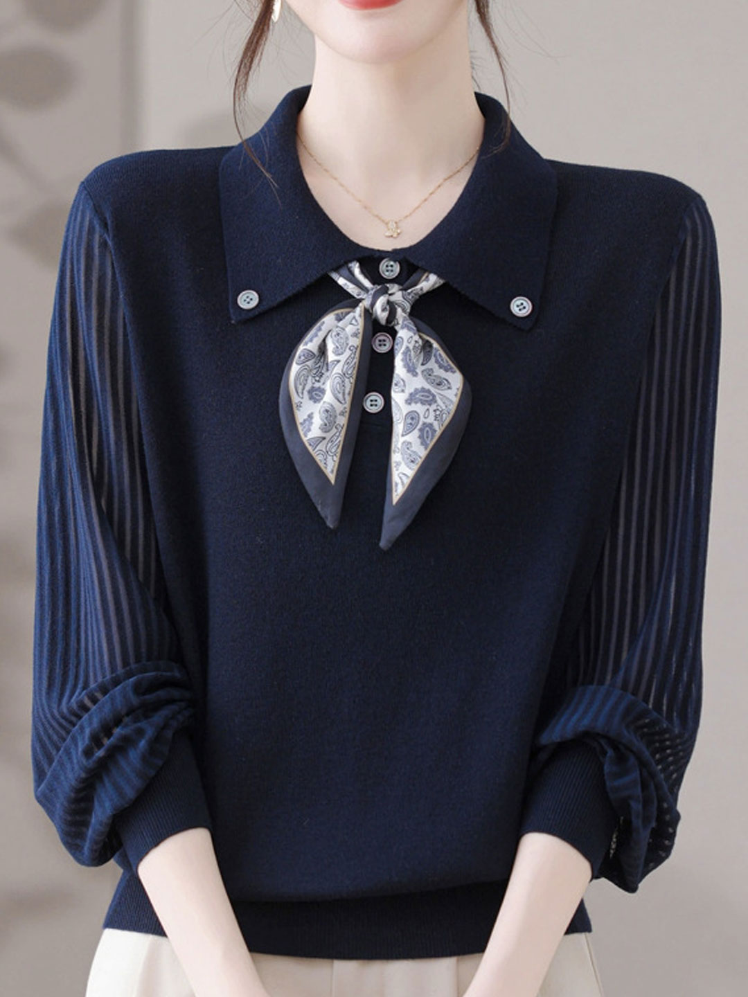 Jasmine Classic Lapel Scarf Pullover Knitted Top